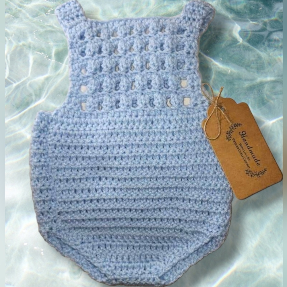Hand crocheted 0 to 3 month old light blue Romper